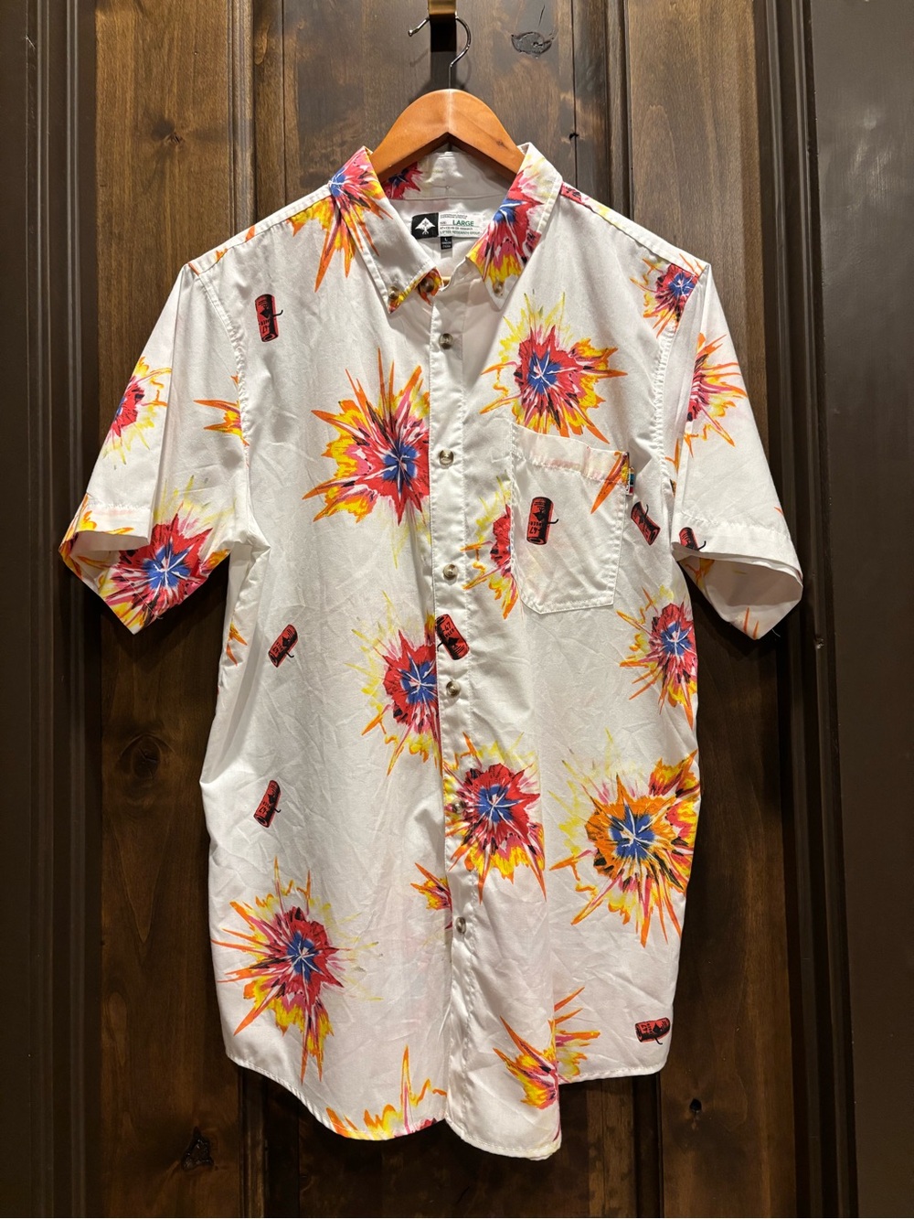 LRG White Short-Sleeve Button-Down with Red, Yellow & Blue Burst Motif